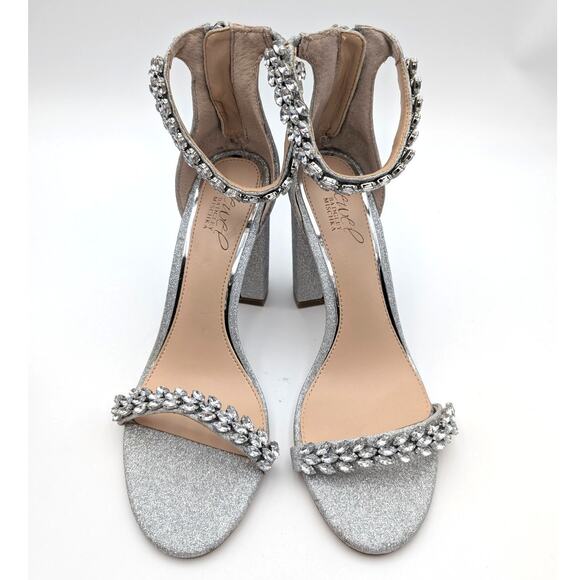 Jewel Badgley Mischka Mayra Block Heel Sandals Women's Silver Size US8 EU38.5 - Picture 2 of 9